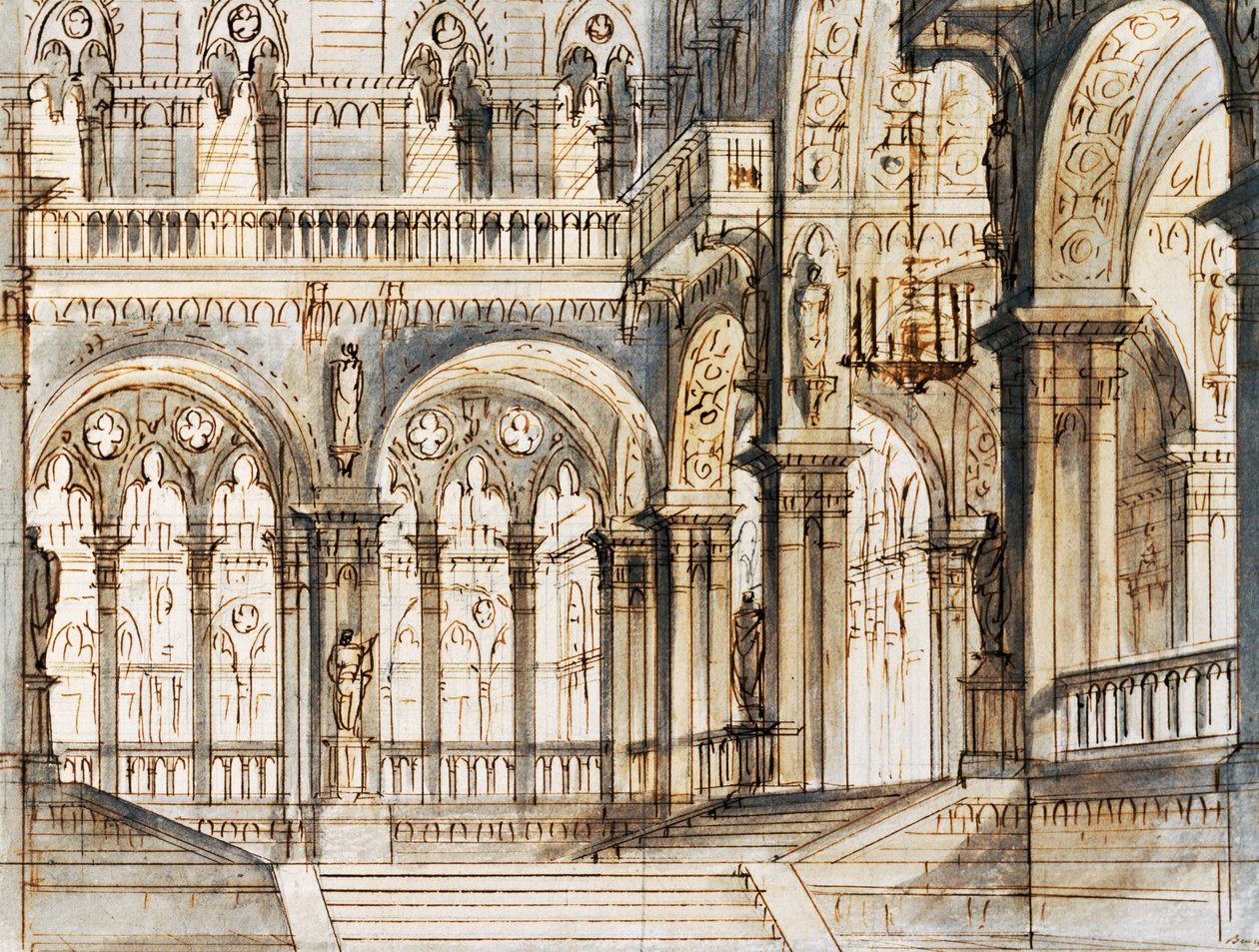 Francesco Bagnara díszlete a Capuleti és Montecchi harmadik jelenetéhez, Vincenzo Bellini (1801-1835) operájához, a velencei La Fenice Színházban alkotó: Vincenzo Bellini