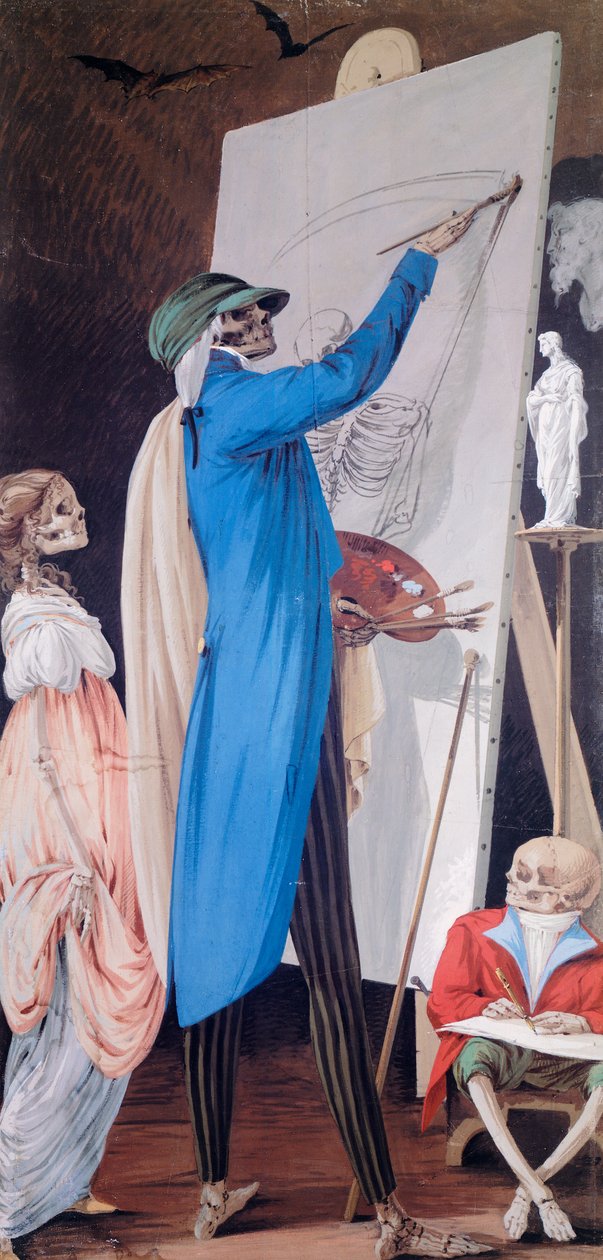 Festő és felesége törpével, az Élő csontvázak jeleneteinek ciklusából, Paolo Vincenzo Bonomini (1757-1839), tempera vászon Santa Grata Inter Vites temploma, Borgo Canale, Bergamo, Olaszország alkotó: Vincenzo Bonomini