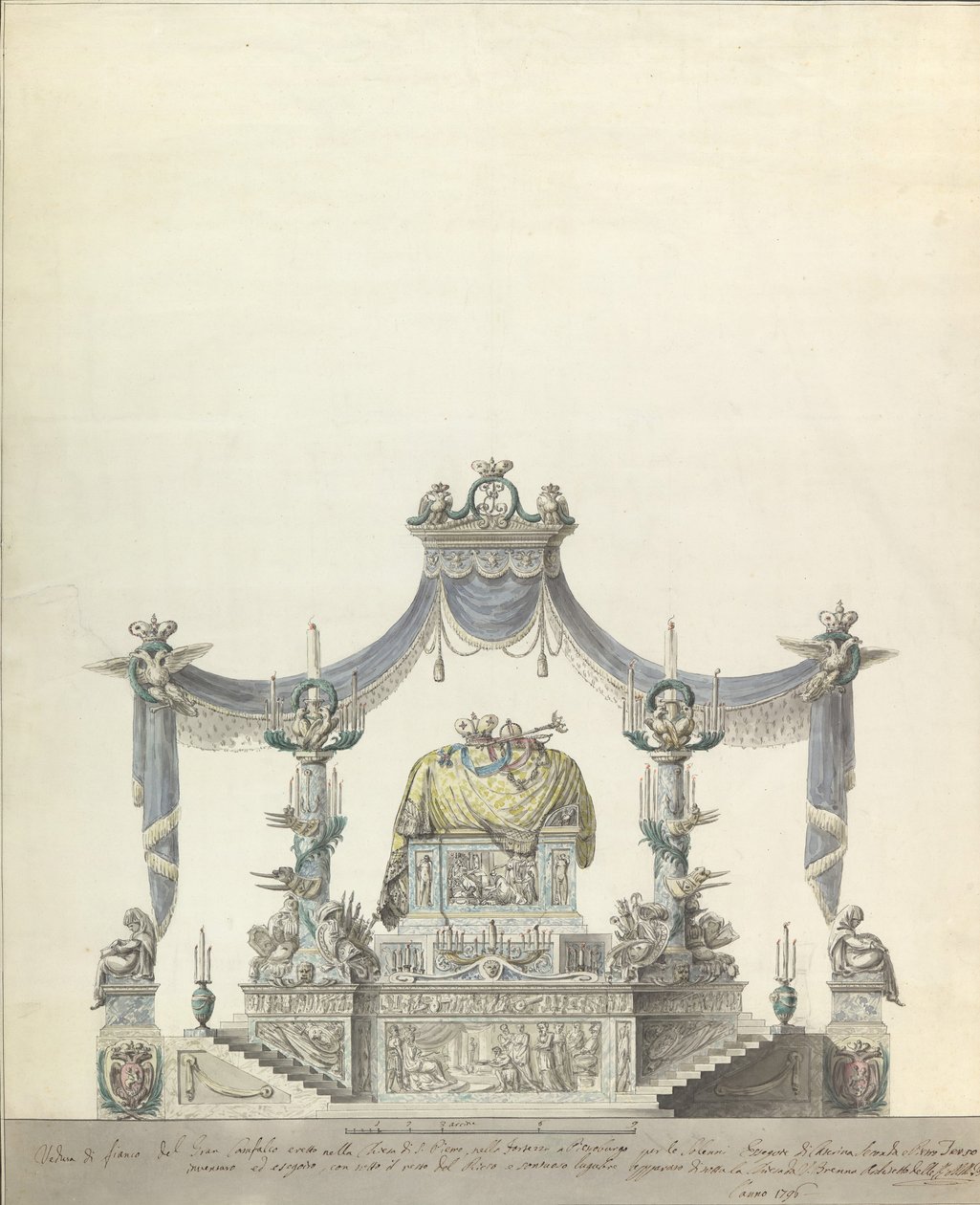 Nagy Katalin oroszországi császárné katafalkja oldalsó kiemelkedés., 1796. alkotó: Vincenzo Brenna
