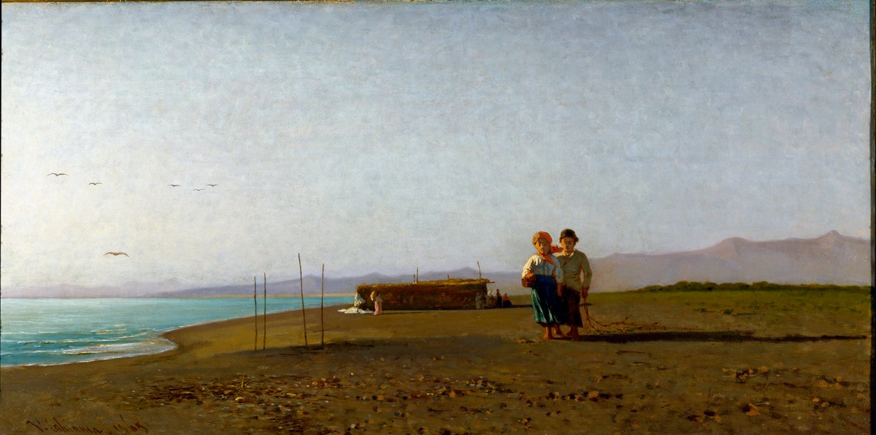 Kilátás a Viareggio strandra, a reggeli napsütés a toszkán tengerparton, két gyermek sziluettje. Vincenzo Cabianca (1827-1902) festménye alkotó: Vincenzo Cabianca