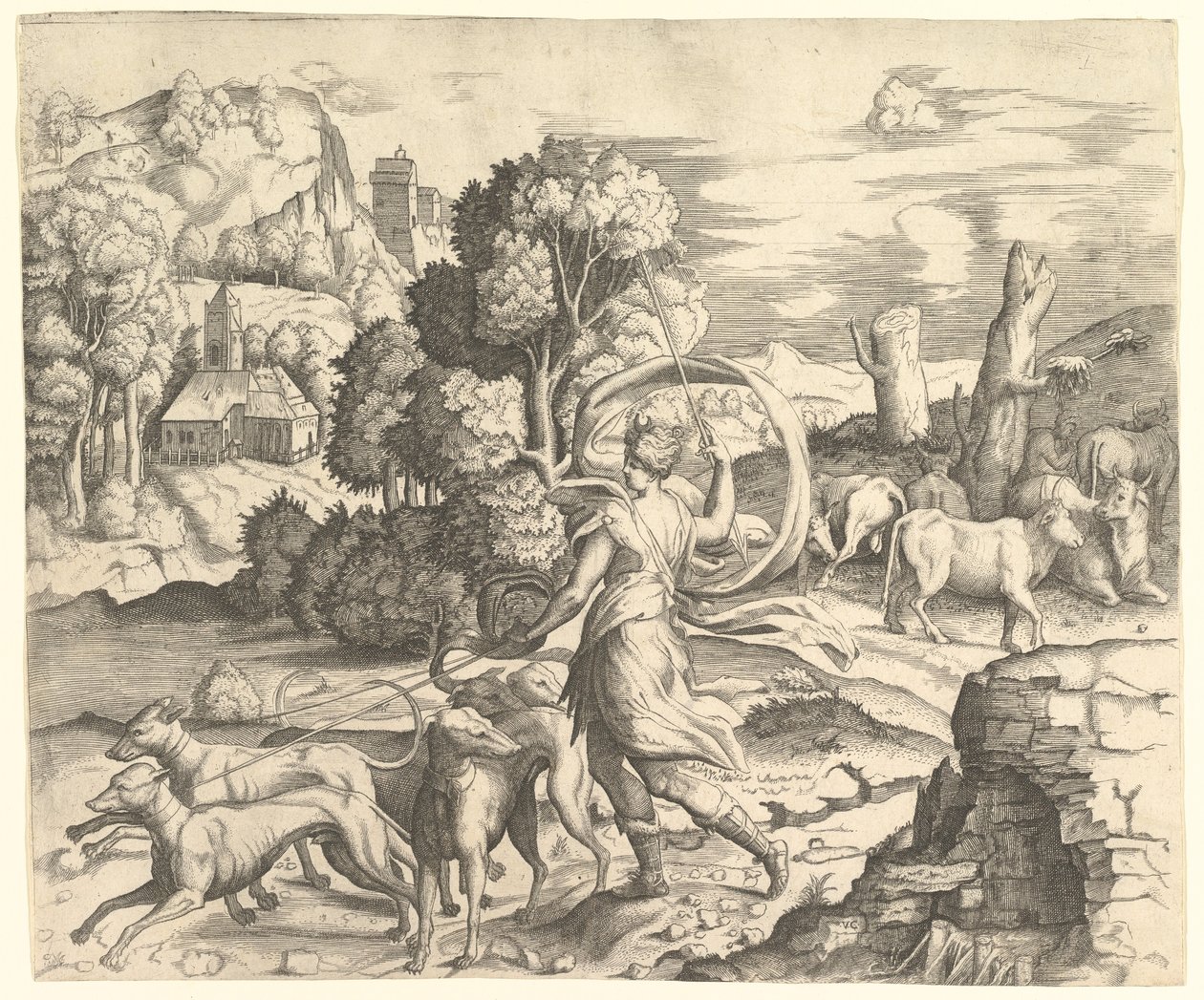 Diana, a vadásznő egy tájban, kb. 1530-42. alkotó: Vincenzo Caccianemici