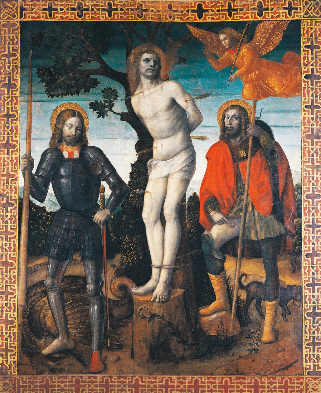 Szent Sebestyén, Szent Rocco és Szent Giorgio, Orzinuovi körmeneti zászlójának hátoldala, Vincenzo Foppa (kb. 1427 - kb. 1515), festménye vászonra. alkotó: Vincenzo Foppa