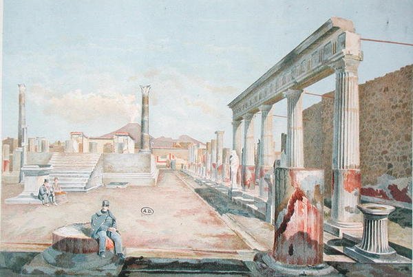 Felügyelő ül Pompei romjai között (színes litó) alkotó: Vincenzo Loria