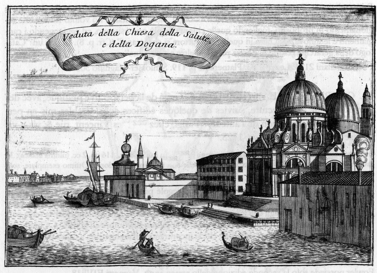 Velence, Olaszország. A Baldassare Longhena építész által tervezett Santa Maria della Salute templom és a Tengerészeti Vámhivatal. Vincenzo Coronelli (1650-1718) „Velence szingularitása” című művében. alkotó: Vincenzo Maria Coronelli