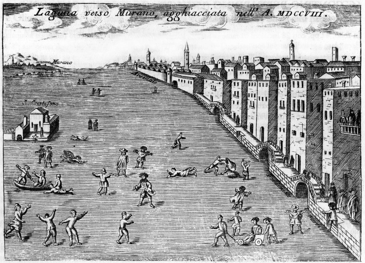 Velence, Olaszország. Vincenzo Coronelli (1650-1718) „Velence szingularitása” című regénye a muránói jég felé 1708-ban. alkotó: Vincenzo Maria Coronelli