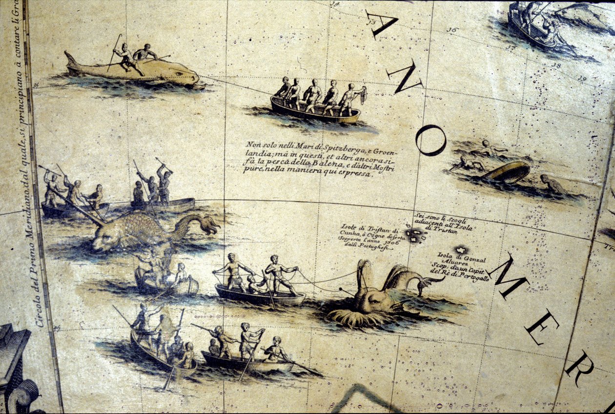 Bálnavadászat a Csendes-óceánon. Részlet egy 17. századi Coronelli földgömbről. alkotó: Vincenzo Maria Coronelli