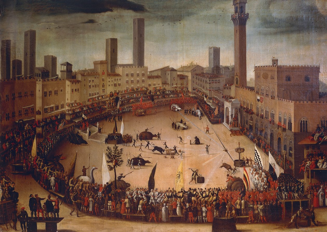 Bikavadászat a Piazza del Campón 1546-ban, 1585 körül, Vincenzo Rustici (1556-1632) festménye, olaj, vászon alkotó: Vincenzo Rustici