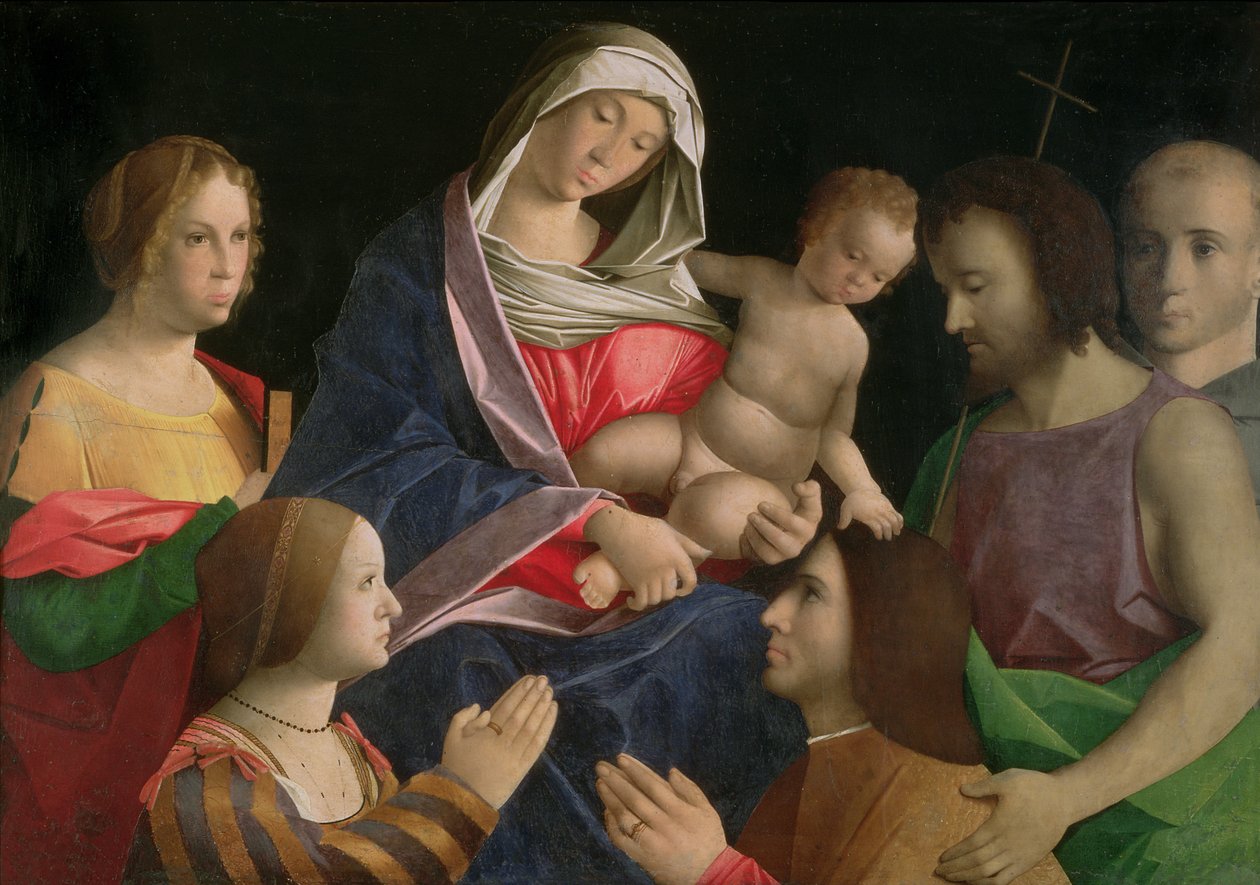 Madonna és gyermek Keresztelő Szent Jánossal, Két szent és adományozó alkotó: Vincenzo di Biagio (follower of) Catena