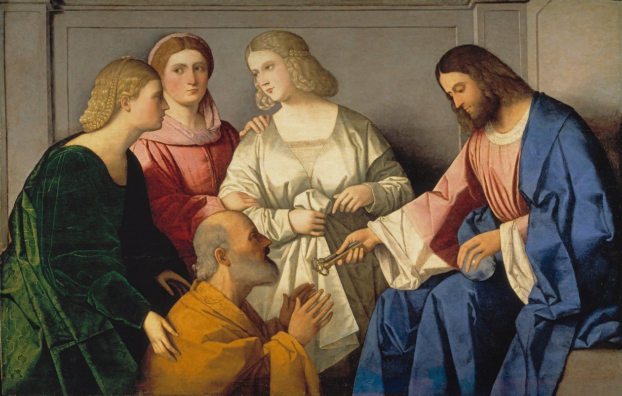 La Remise des clefs a saint Pierre - Krisztus adja a kulcsokat Szent Péternek - Catena, Vincenzo di Biagio (kb. 1470-1531) - kb. 1520 - Olaj, fa - 86x135 - Museo del Prado, Madrid alkotó: Vincenzo di Biagio Catena