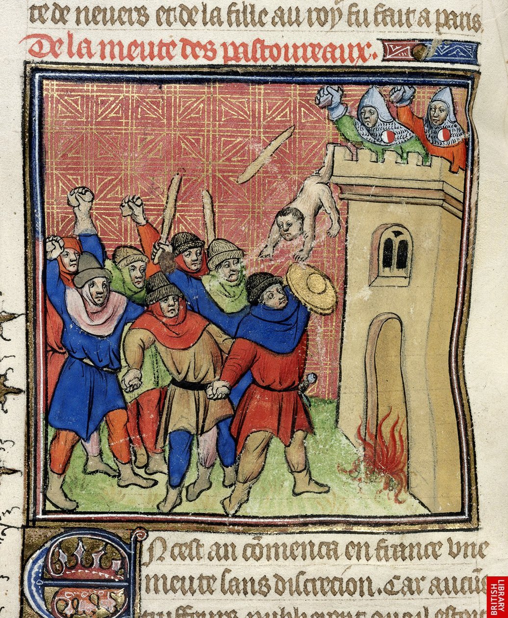 Részlet a Pastoureaux-i harmadik keresztes hadjárat miniatúrájáról. Zsidók kidobták gyermekeiket egy toronyból, 1380 után alkotó: Virgil Master