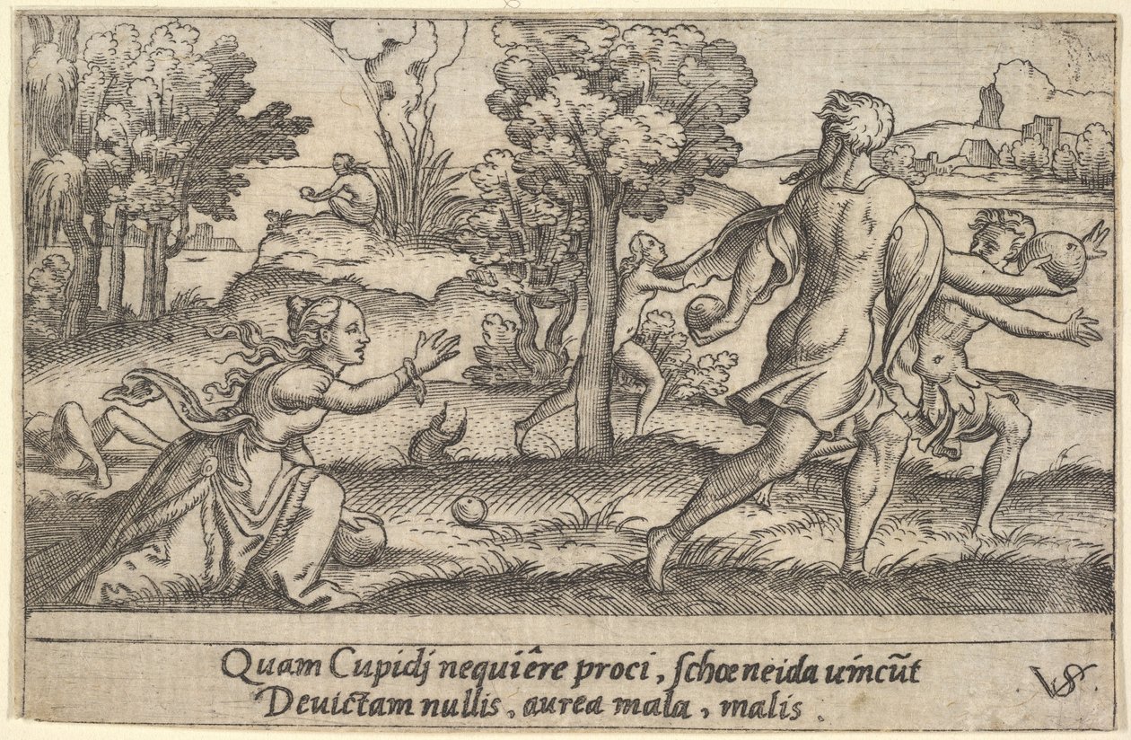 Atalanta és Hippomenes, az előtérben Atalanta térdel, hogy felvegyen egy almát és..., kb. 1535-62. alkotó: Virgil Solis