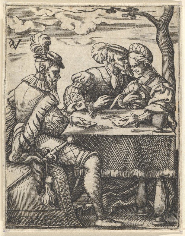 Két férfi és egy nő kártyáznak egy asztalnál, egy férfi az orrát a ... felé nyomja, kb. 1535-62. alkotó: Virgil Solis