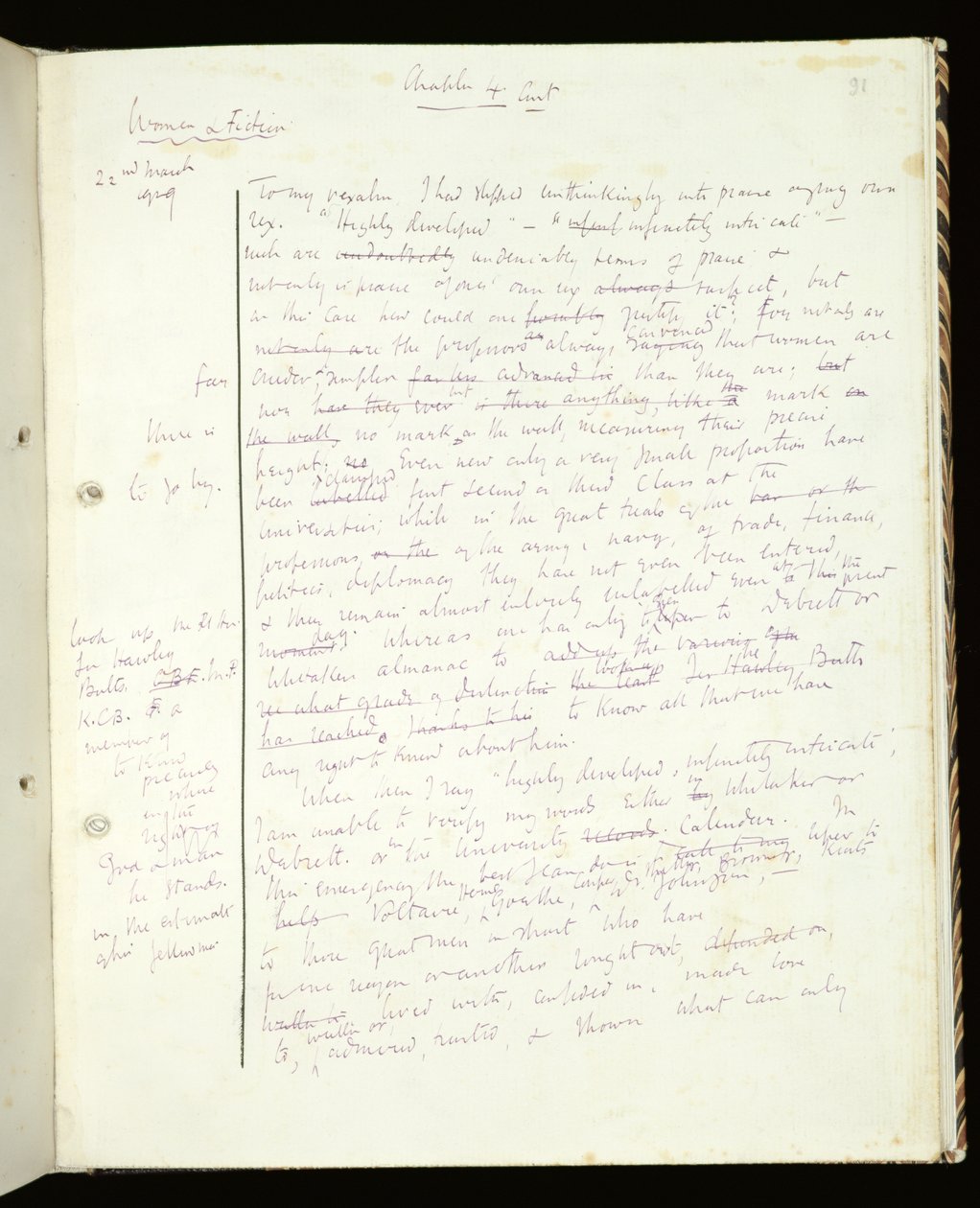 Ms 1-1942, 91. o. oldal a Women in Fiction című könyvből, A Room of Ones Own címmel jelent meg, 1929 (tintával papíron) alkotó: Virginia Woolf