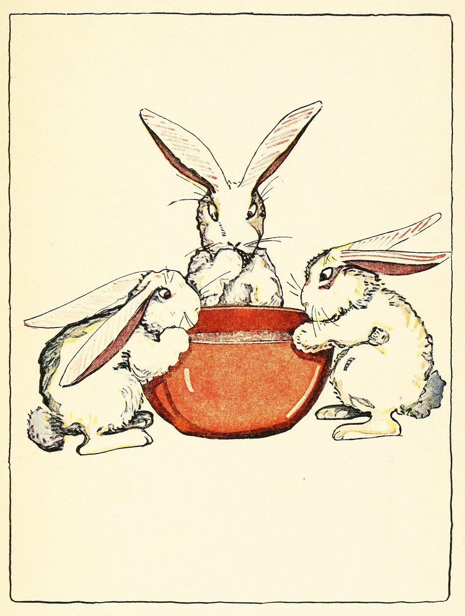 Flopsy, Mopsy és Cotton-Tail kenyeret, tejet és szedret fogyasztott vacsorára, a The Tale of Peter Rabbit kocsmából. 1916 (színes litó) alkotó: Virginia Albert