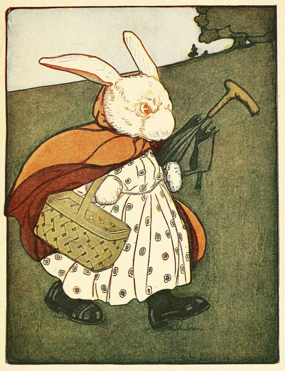 Aztán az öreg Mrs. Rabbit átment a fán keresztül a pékséghez, a Nyúl Péter meséjéből, kocsmából. 1916 (színes litó) alkotó: Virginia Albert