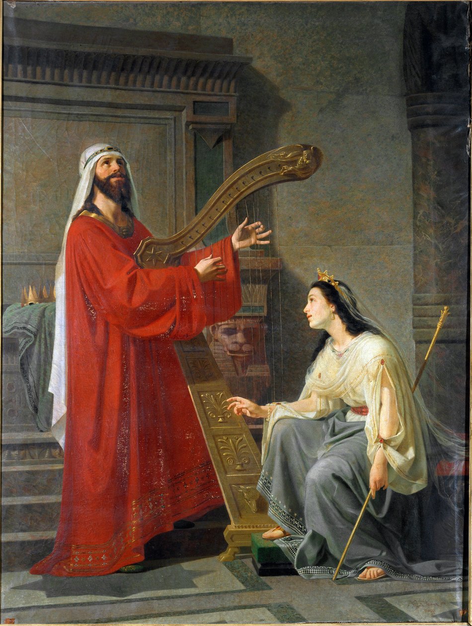 David és Micol King David hárfán játszik. Virginio Grana (kb. 1830-1888) festménye 19. század V. 243x182 cm Gének, Accademia Ligustica di Belle Arti, inv. 468 alkotó: Virginio Grana