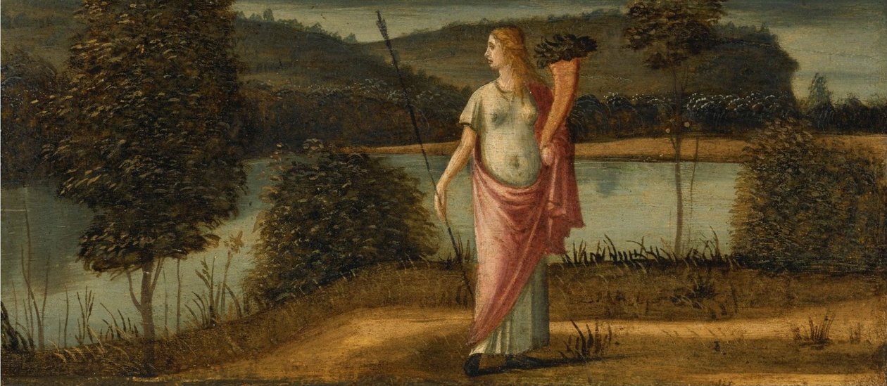 Nő allegorikus alakja lándzsát tartó tájban alkotó: Vittore Carpaccio