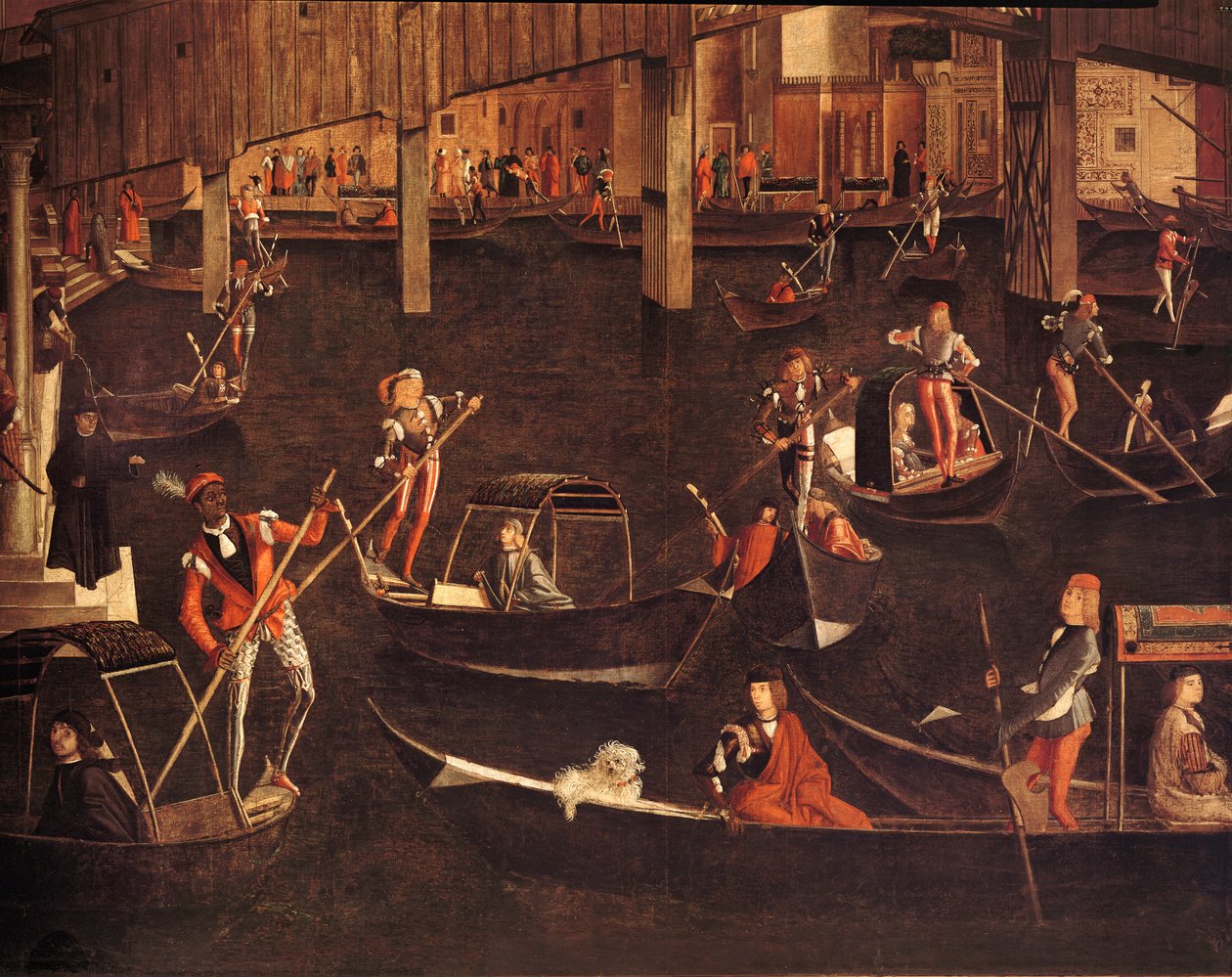 Gondolierek a Canal Grande, részlet a Az igaz kereszt ereklyéjének csodája a Rialto-hídon, 1494 olaj, vászon részlet a 119437-ről alkotó: Vittore Carpaccio
