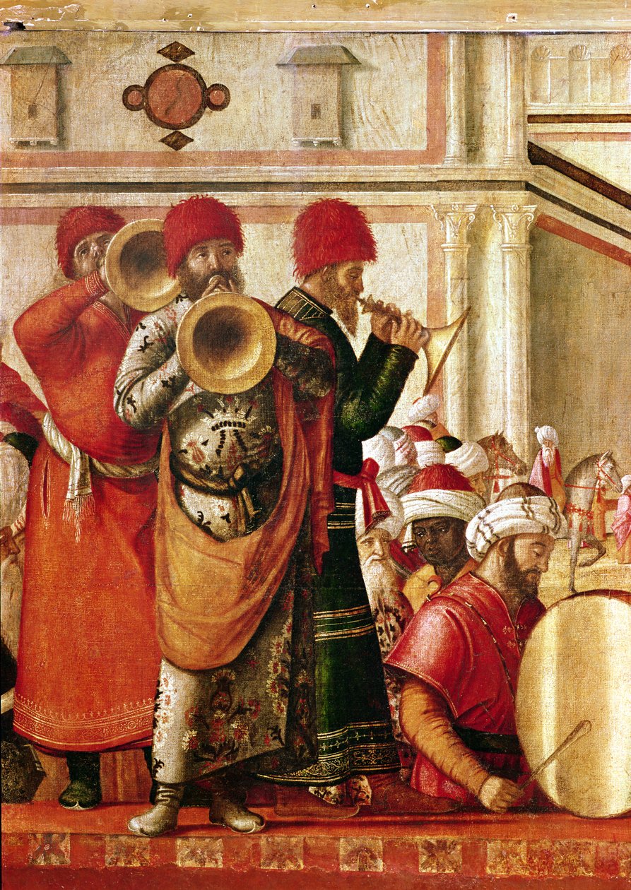 A pogányokat keresztelő Szent György, bal oldalon a zenészek részlete, 1501-07 alkotó: Vittore Carpaccio