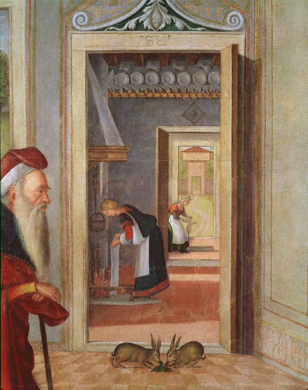 A Szűz születése, szolgák részlete a háttérben, 1504-08 (352330 részlet) alkotó: Vittore Carpaccio