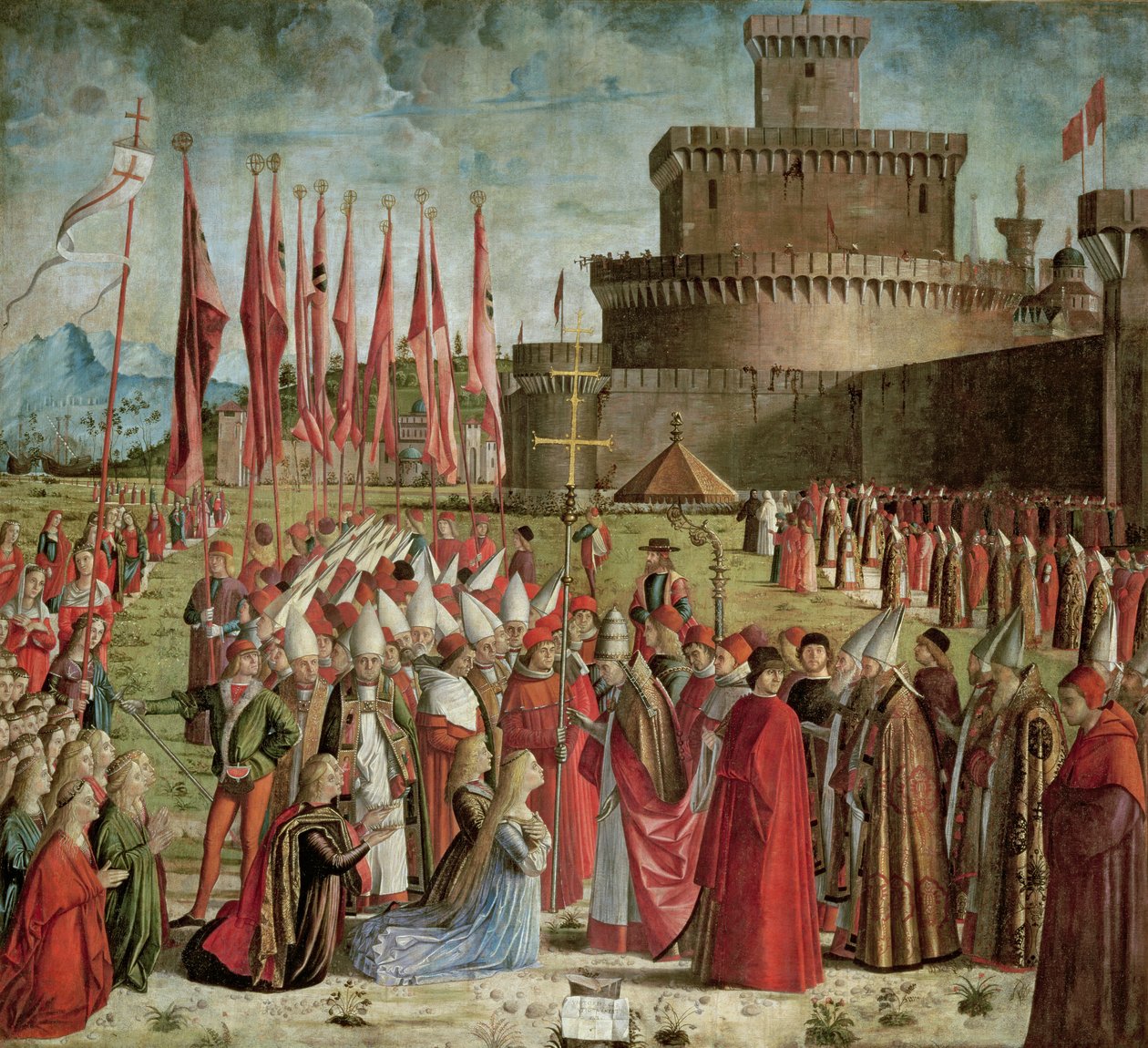 A zarándokok Ciriák pápával találkoznak a római falak előtt, a Szent Orsolya-ciklusból, 1498 alkotó: Vittore Carpaccio
