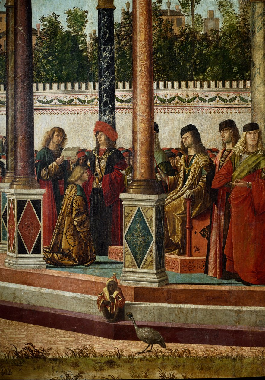 Szent Orsolya (breton hercegnő) életciklusa. Harmadik epizód: a nagykövetek visszatérése az angol királyhoz. A királyt ábrázoló részlet. Részlet Jacques de Voragine (kb. 1228-1298) legenda doree című művéből. Vittore Scarpazza festménye dit alkotó: Vittore Carpaccio