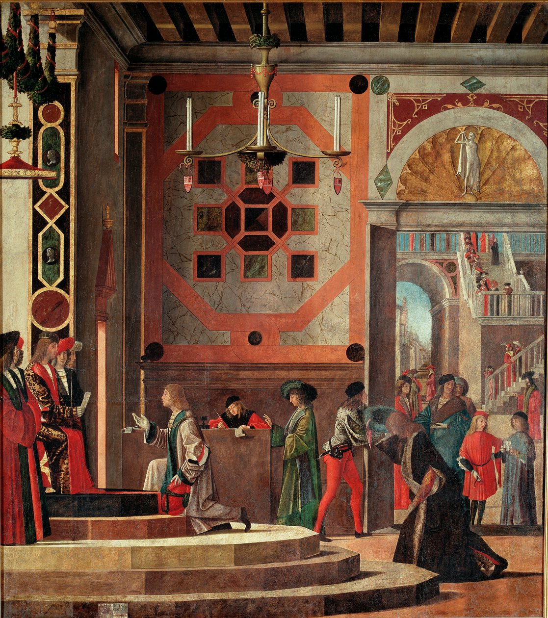 Szent Orsolya életciklusa, második táblázat: A nagykövetek viszlát (vagy távozása). (olaj a panelen alkotó: Vittore Carpaccio