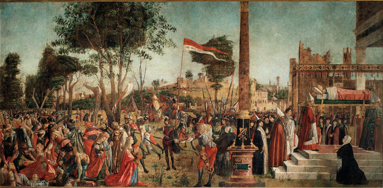 Szent Orsolya életciklusa: a zarándokok vértanúsága és Szent Orsolya temetése alkotó: Vittore Carpaccio