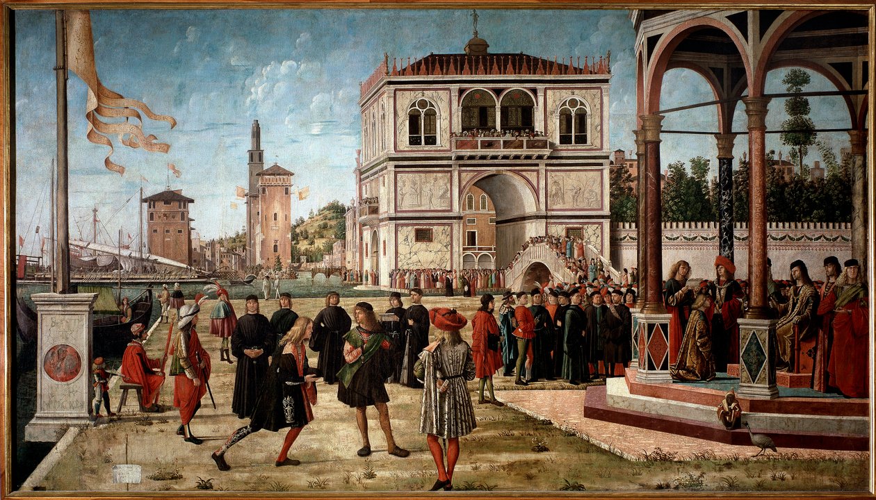 Szent Orsolya életciklusa, harmadik epizód: a nagykövetek visszatérése az angol királyhoz. (olaj a panelen alkotó: Vittore Carpaccio