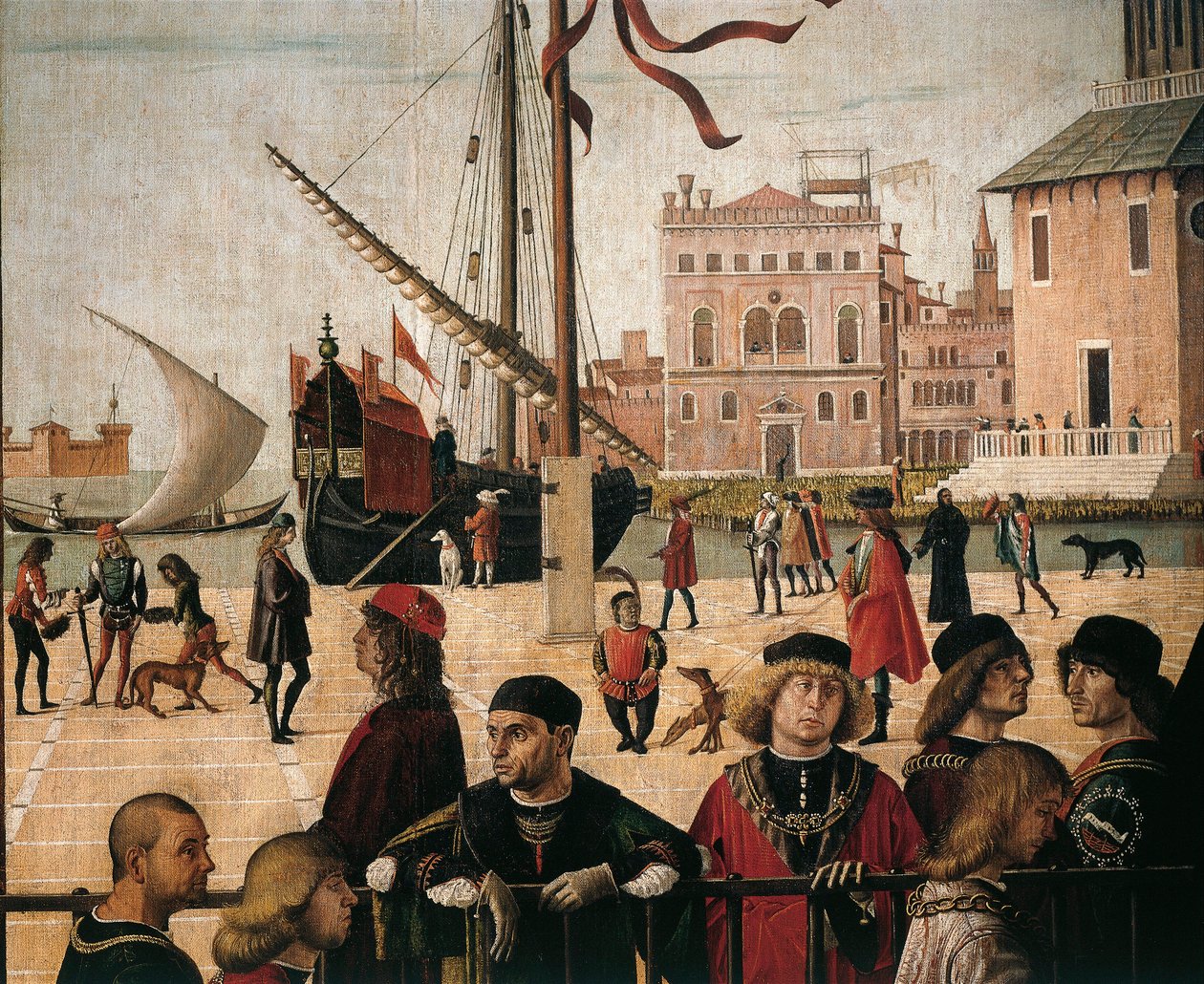 Olaszország, Velence, Jelenetek Szent Orsolya életéből (Jacobus de Voragine Arany legendájából) Angol nagykövetek érkezése, részlet kikötő alkotó: Vittore Carpaccio