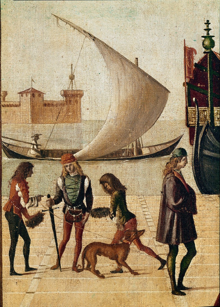 Szent Orsolya legendája: részlet a nagykövetek érkezése (Jacopo da Varagine arany legendájából) (tempera a vásznon alkotó: Vittore Carpaccio