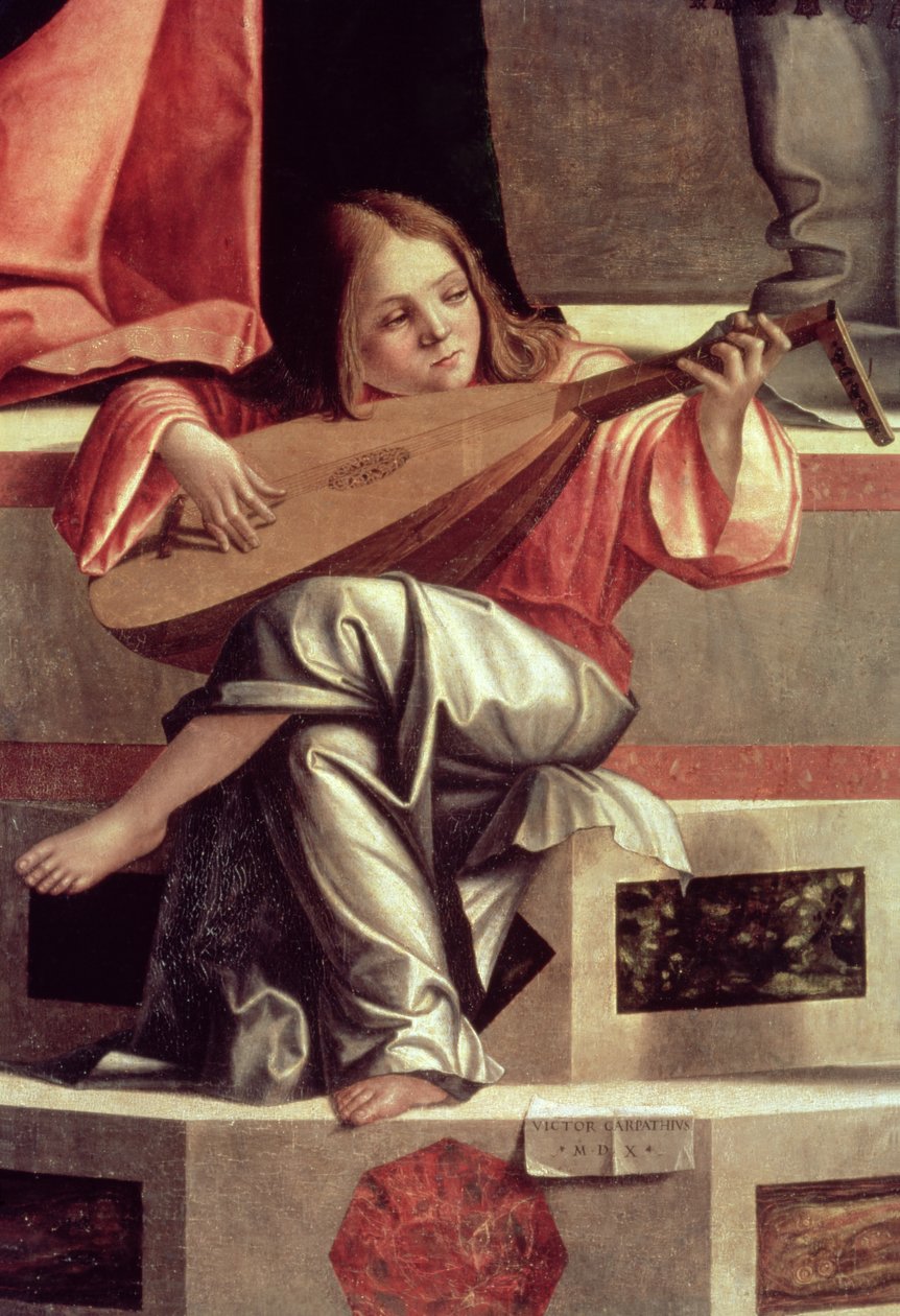 Lantos angyal játszik, részlet a Jézus bemutatása a templomban című képből. alkotó: Vittore Carpaccio
