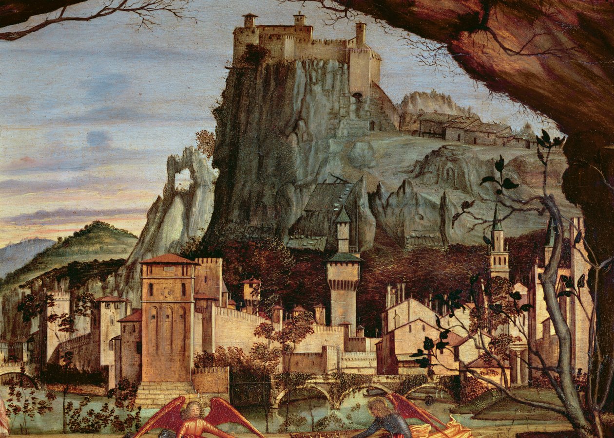 Sacra conversazione, a város és a kastély részlete a 84002-es tábla háttértábláján alkotó: Vittore Carpaccio