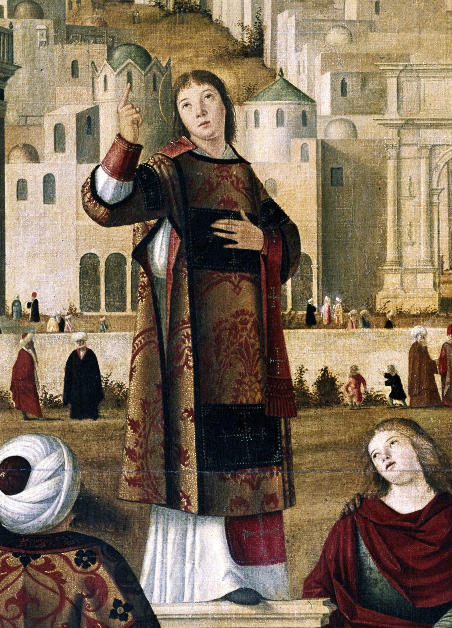 Szent István. Részlet a "Szent István prédikációja Jeruzsálemben" című képből. Vittore Carpaccio festménye. (1450/54-1525/26) alkotó: Vittore Carpaccio