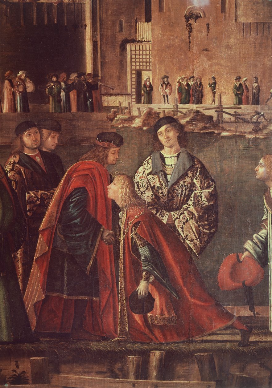Szent Orsolya történetei, Etherius és Ursula találkozása és a zarándokok távozása, Ereo búcsút vesz az apjától, Vittore Carpaccio (kb. 1465-kb. 1526), tempera, vászon, 280x611 cm alkotó: Vittore Carpaccio