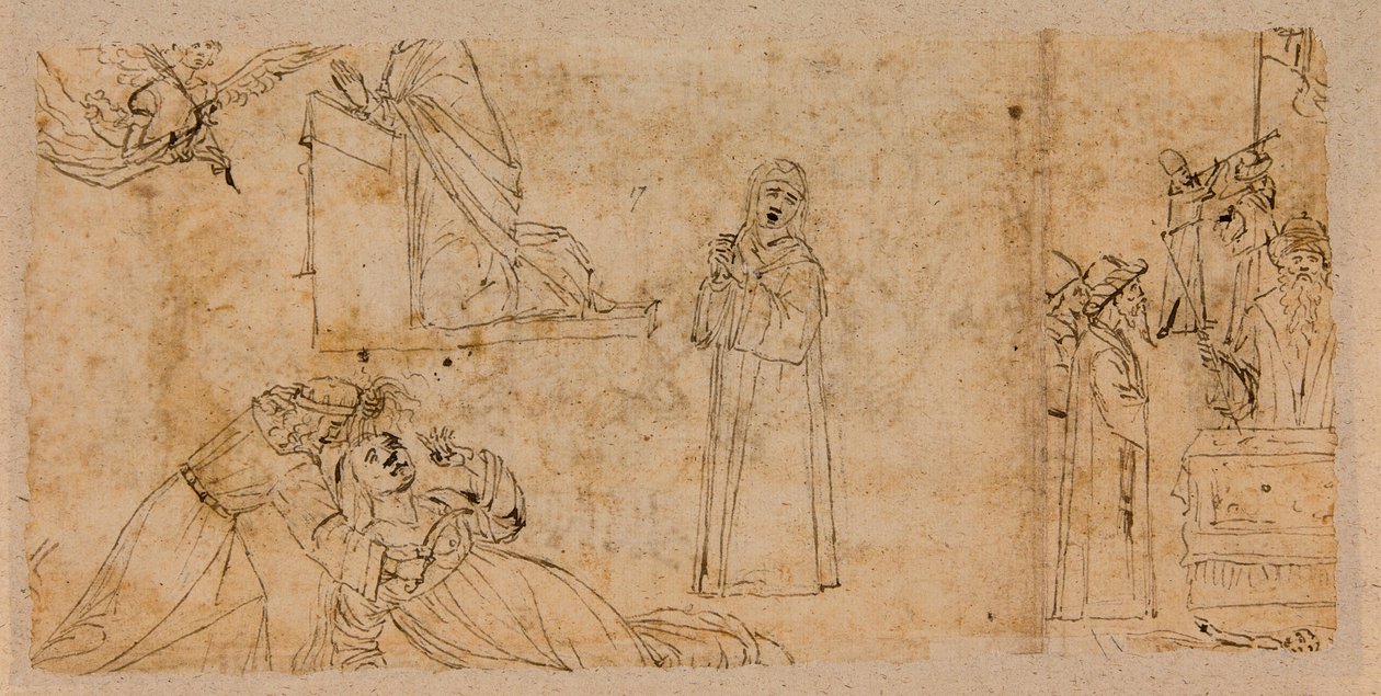 Tanulmányok angyali üdvözlethez; Szent Agatha vértanúságáért; egy gyászoló Madonnáért (toll és tinta krétával papíron) (5933930 verso) alkotó: Vittore Carpaccio