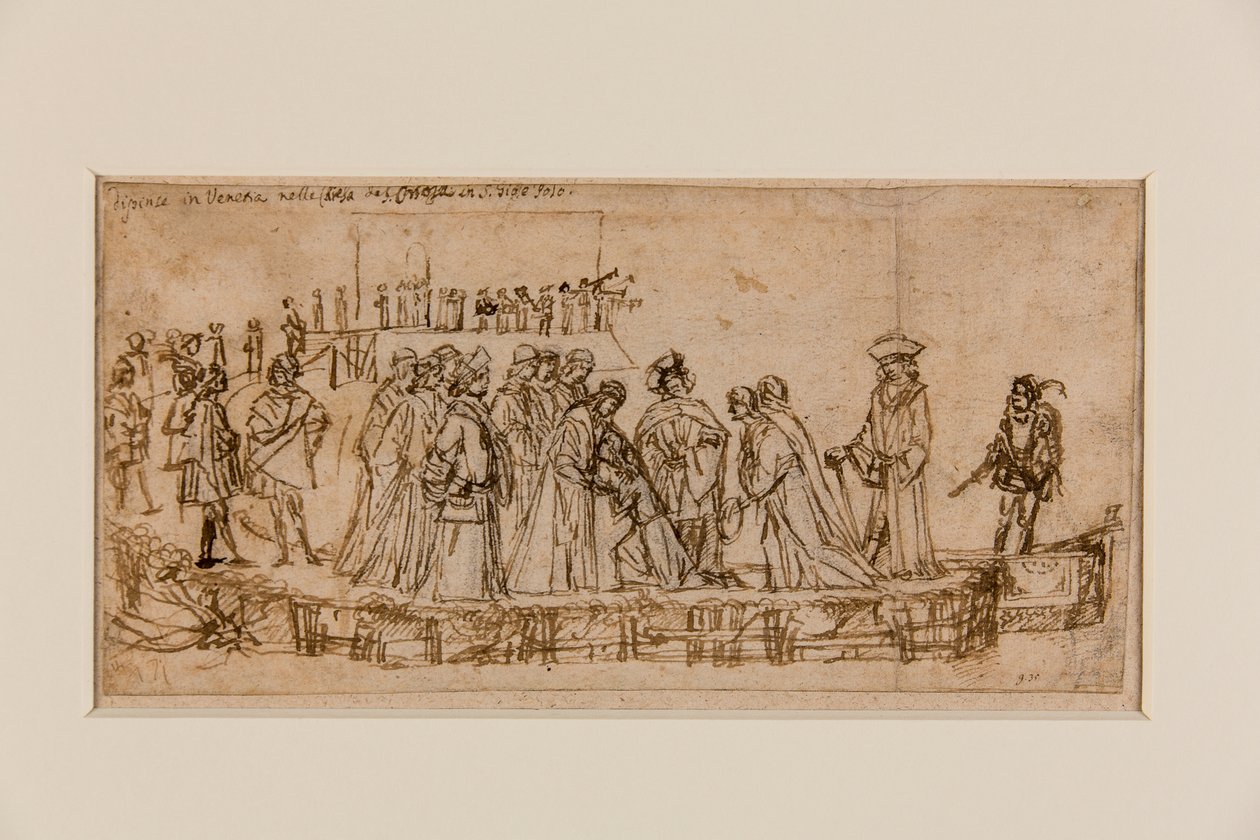 Conan angol herceg búcsút vesz apjától (toll és tinta krétával a papíron) (recto of 5933931) alkotó: Vittore Carpaccio