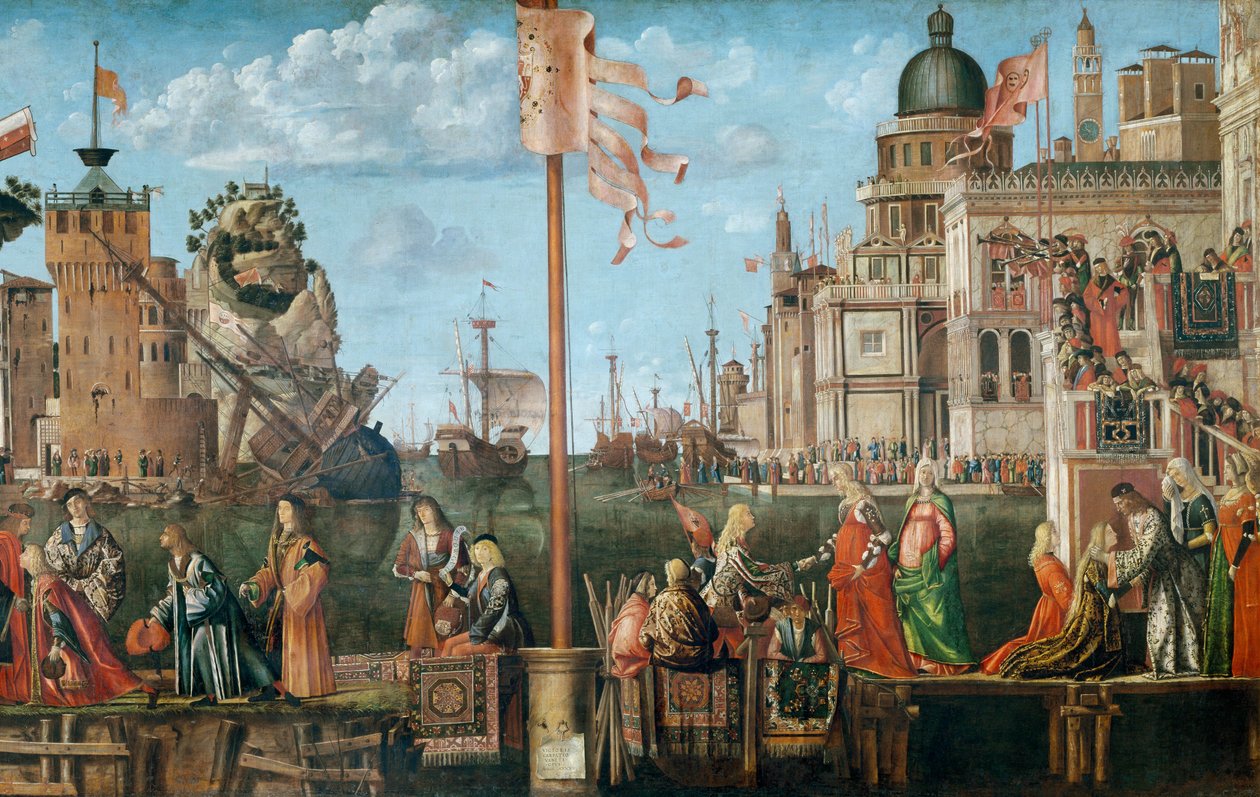 Etherius és Ursula találkozása és a zarándokok indulása a Szent Orsolya-ciklusból, eredetileg a Scuola di SantOrsola-ban, Velencében, 1498 (56472 részlet) alkotó: Vittore Carpaccio