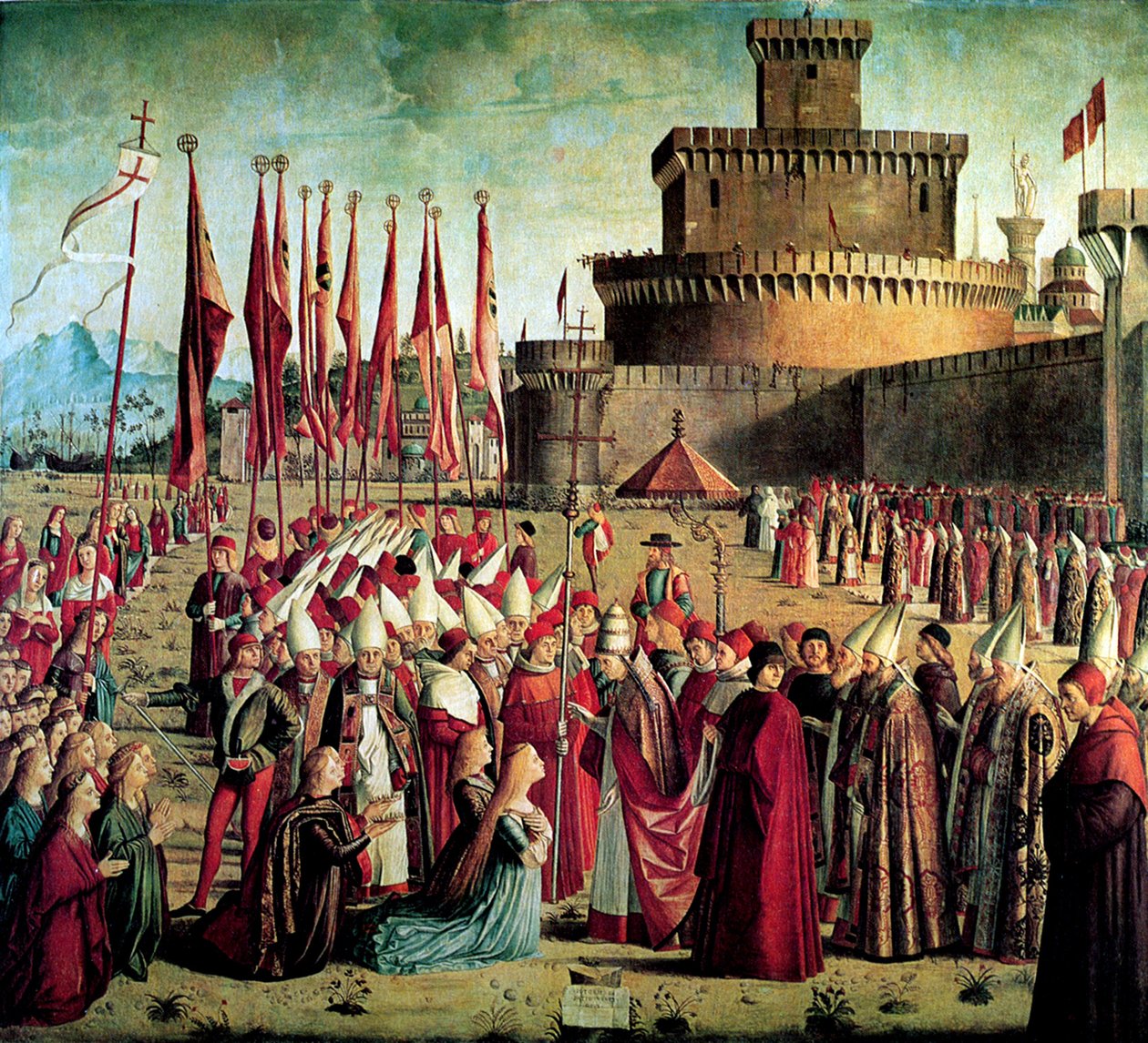 A zarándokokat Cyriacus pápa találja Róma falai előtt Szent Orsolya legendája, 1497 alkotó: Vittore Carpaccio