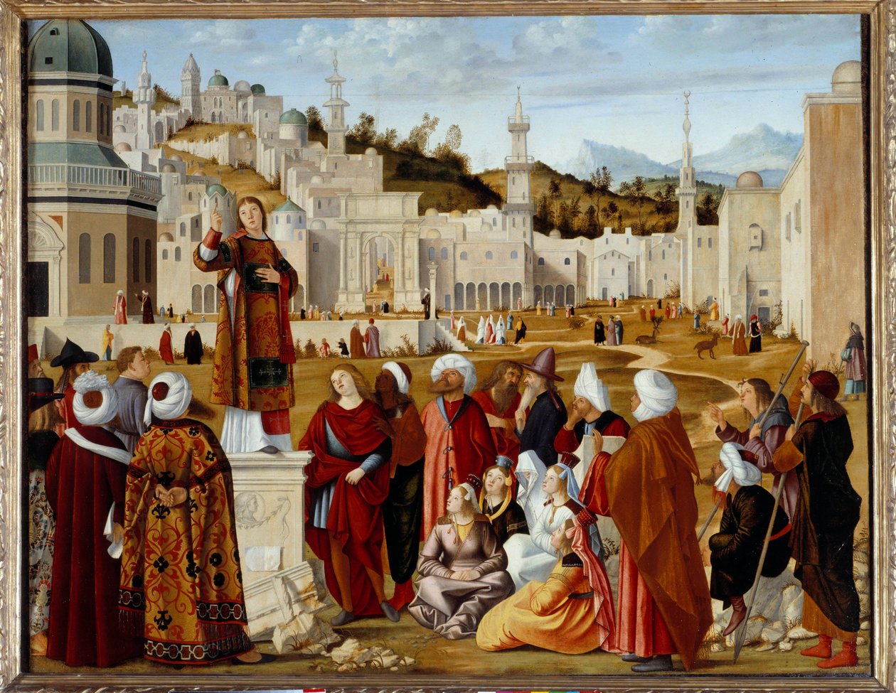 Szent István jóslata Jeruzsálemben A velencei Scuola si Santo Stefano kápolnája számára kivégzett sorozat festménye. Vittore Carpaccio festménye (1450/54-1525/26) V. 1,4x1,9 m - Szent István prédikációja (St. Etienne) Jeruzsálemben. Azt alkotó: Vittore Carpaccio