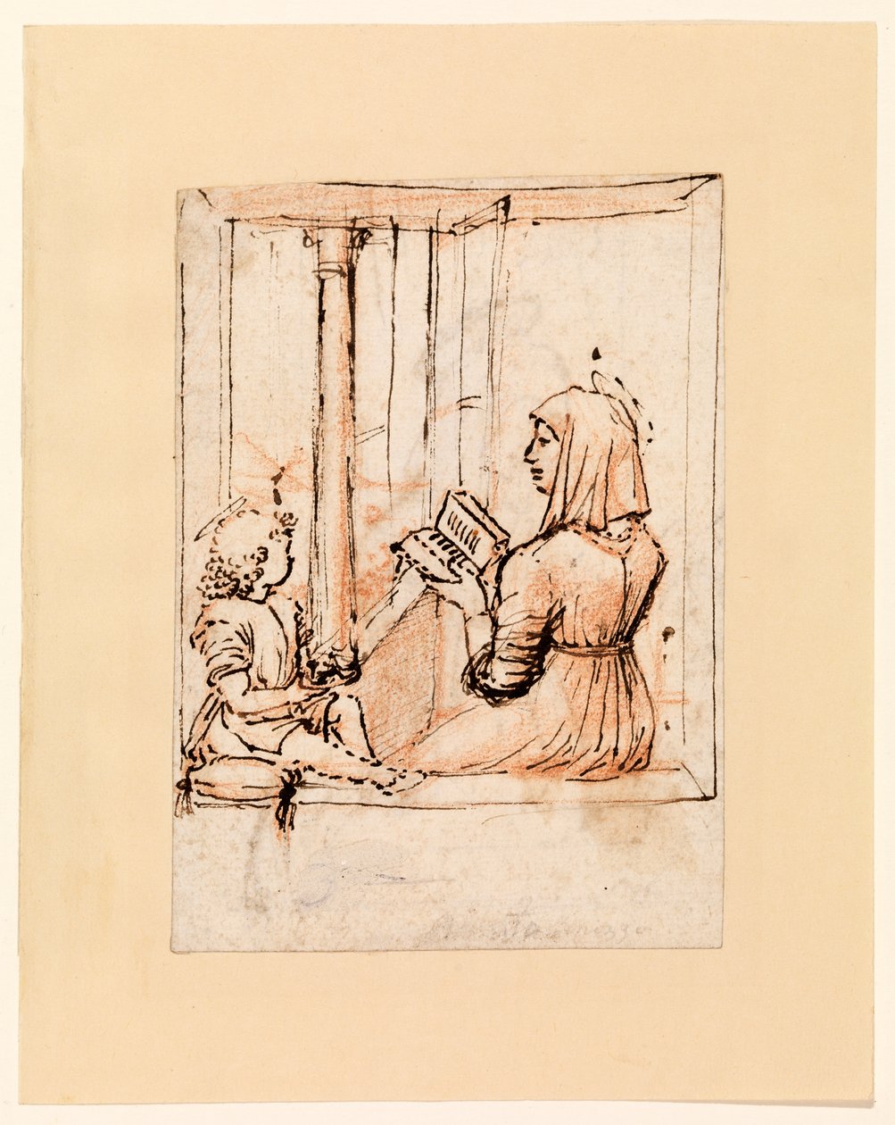 Szűz Mária felolvas a csecsemő Krisztusnak (recto), 1480-as évek vége – 1490-es évek eleje (toll és sötétbarna tinta vörös krétával, fektetett papíron) alkotó: Vittore Carpaccio