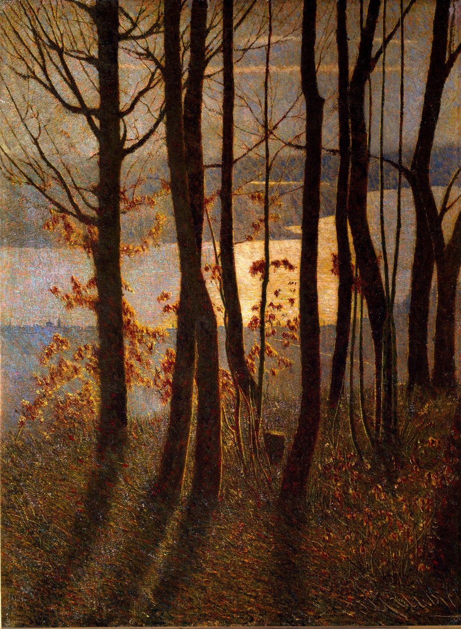 Reggel vagy „Panteista költemény” Aljnövényzet tája egy víztömeg közelében hajnalban. Vittore Grubicy of Dragon (1851-1920) festménye Milánó, Galleria d