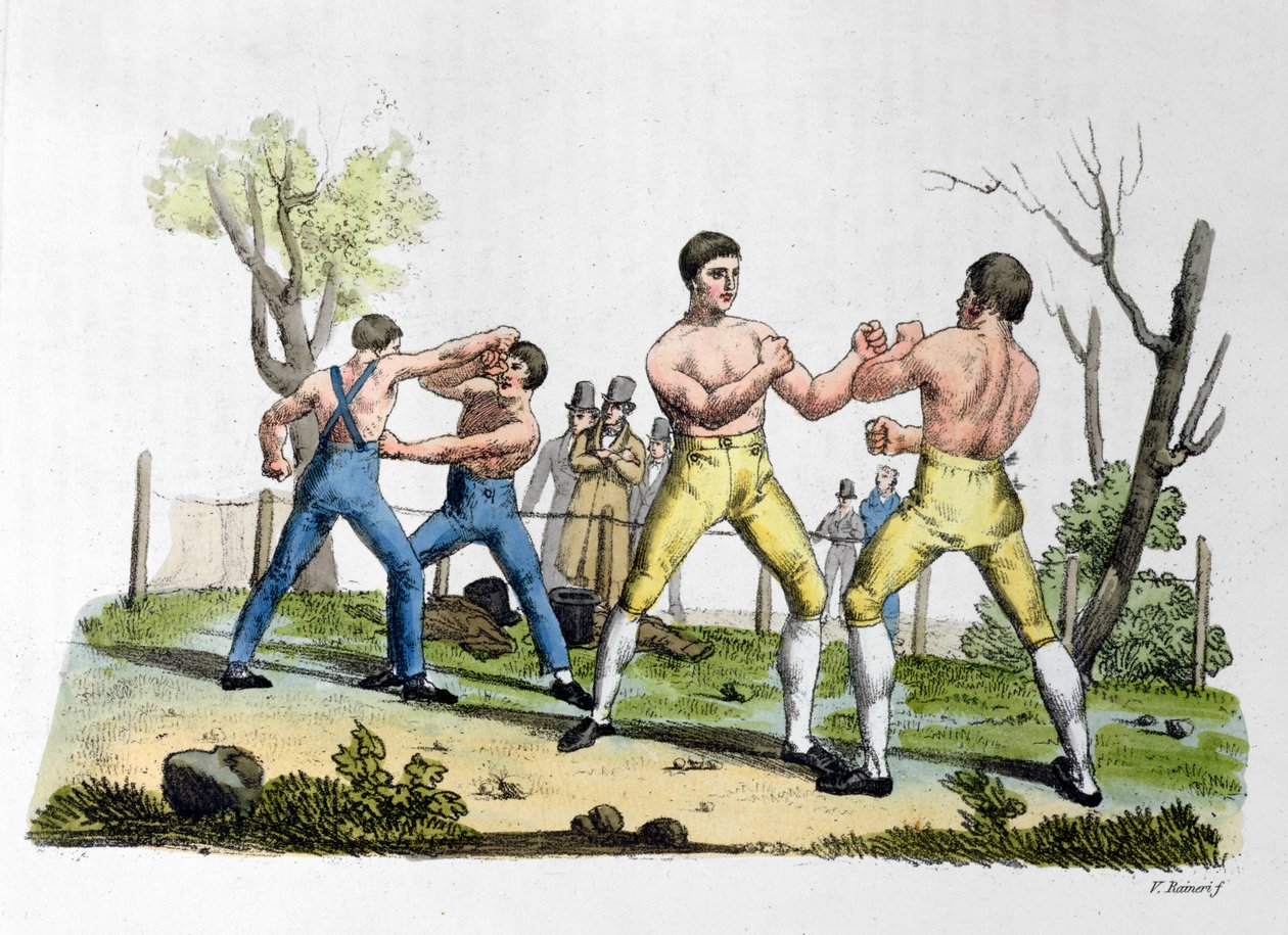 Boxing in England, illusztráció Giulio Ferrario "Costume Antico e Moderno" című, 1819-ben Milánóban kiadott művéből. alkotó: Vittorio Raineri