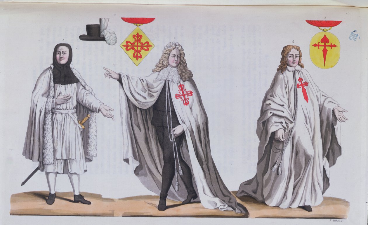 Calatrava lovagjai háborús jelmezben, ünnepi jelmezben és a Szent Jakab-rend lovagjaként, illusztráció Guilio Ferrario „Costume Antico e Moderno” című művéből, 1820 körül alkotó: Vittorio Raineri