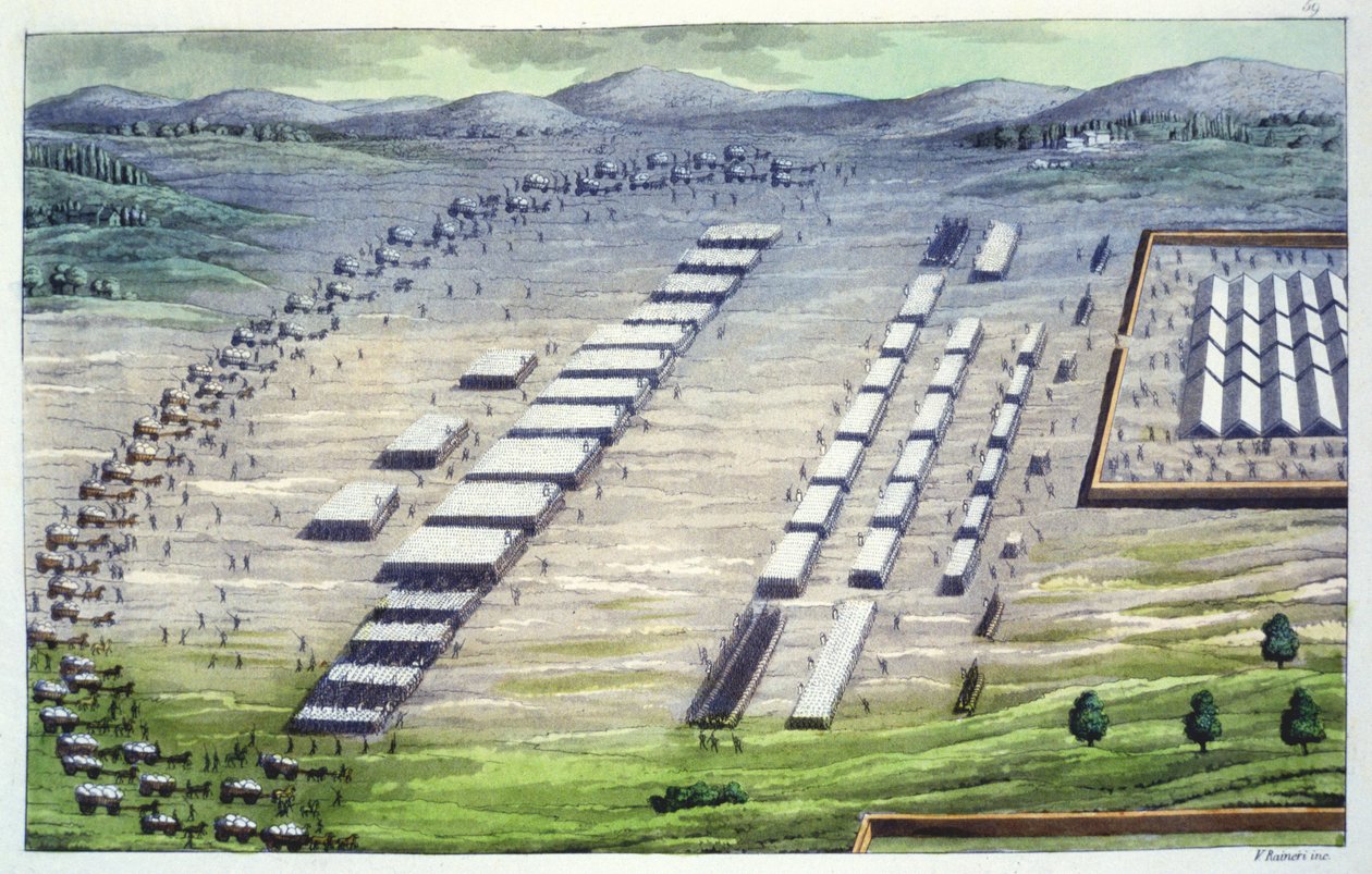 Római tábor a kelta Germaniában, Tacitus leírása szerint Jules Ferrario „Le Costume Ancien et Moderne” című művéből, az 1820-as és 30-as évek körül megjelent alkotó: Vittorio Raineri