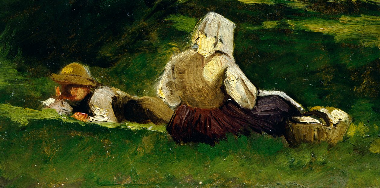 Ülő nő és fiú a fűben, Vittorio Avondo (1836-1910). alkotó: Vittorio Avondo