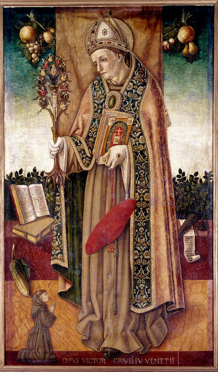 A megváltás fáját tartó Szent Bonaventura (San bonaventura) ábrázolása Bonaventure Tolomei domonkos volt Sienában, aki 1348-ban halt meg pestisben”” Vittore Crivelli (1440-1502) festménye 16. század Párizs, Musee Jacquemart Andre alkotó: Vittorio Crivelli