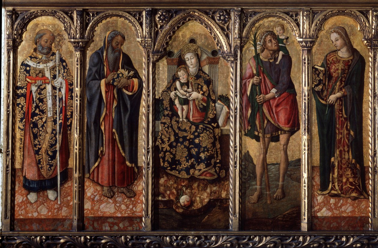 ""Madonna és a gyermek a szentekkel"" képviselteti magát: Myre-i vagy Bari Szent Miklós (270-345), Szent Antal apát (Nagy Szent Antal (250/251-356) (vagy Szent Antal remete), Szent Kristóf és Szent Katalin (Alexandriai?). alkotó: Vittorio Crivelli