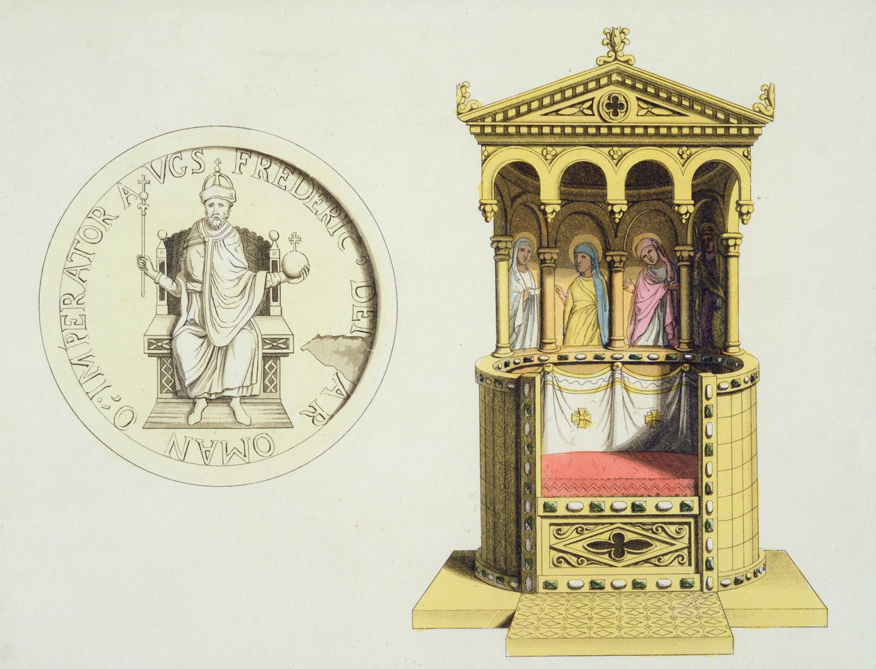 Frederick Barbarossa (1123-1190 körül) érme és trónja Jules Ferrario „Le Costume Ancien et Moderne” című művéből, az 1820-as és 30-as évek körül megjelent (színes litó) alkotó: Vittorio Raineri