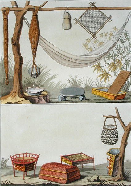 Háztartási eszközök és bútorok, karib törzs, Holland Antillák, Jules Ferrario „Le Costume Ancien et Moderne” című művének 69. táblája, az 1820-as és 30-as évek körül (színes litó) alkotó: Vittorio Raineri